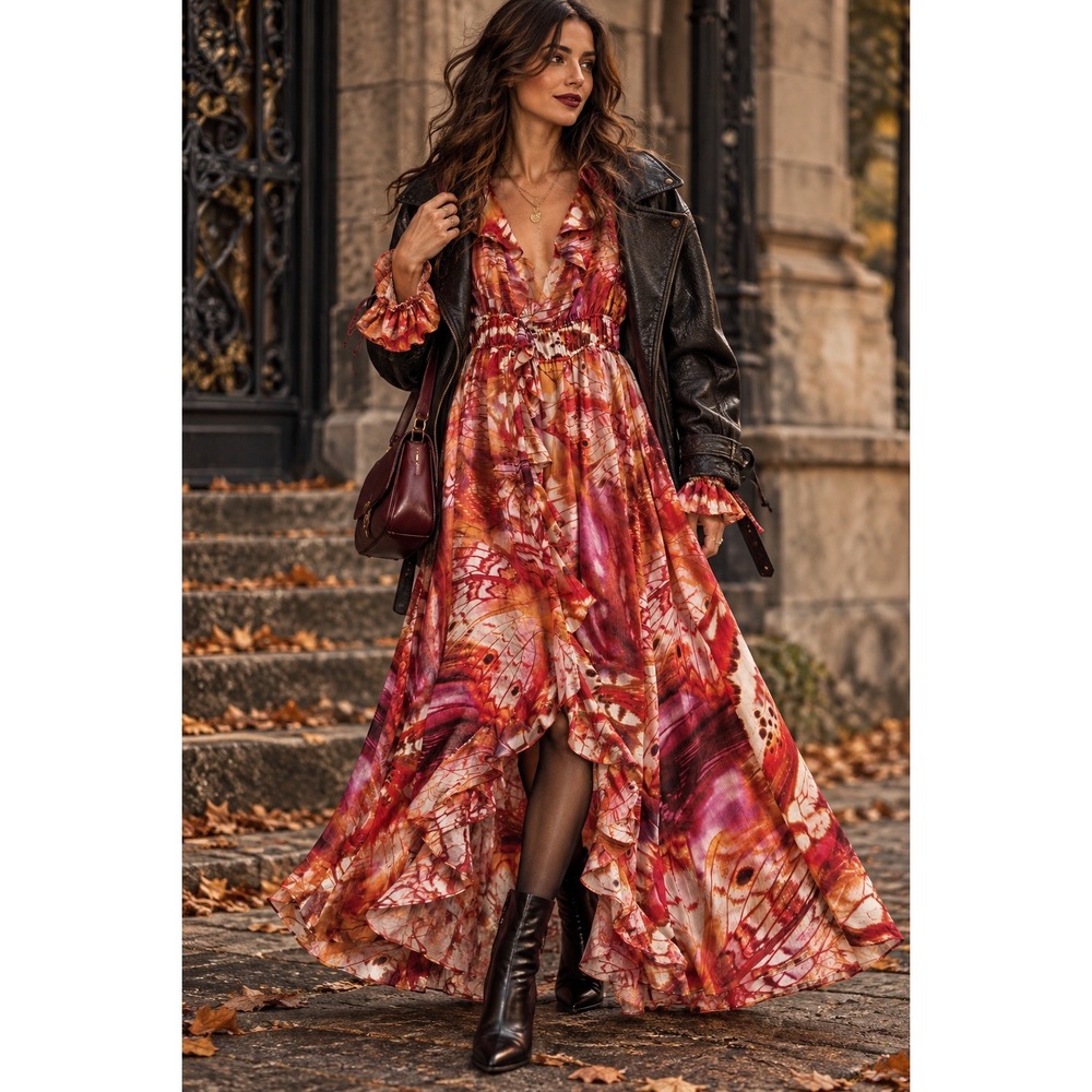 Guess XL Butterfly Wing Ruffle Maxi Dress Orange Red Whimsigoth W3GK0BWCNF2